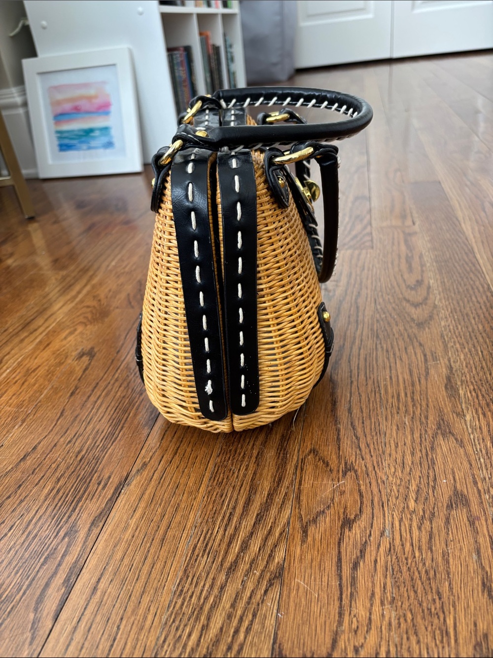 Woven Rattan Mini Satchel Handbag with Black Leather Trim - Picture 7 of 7